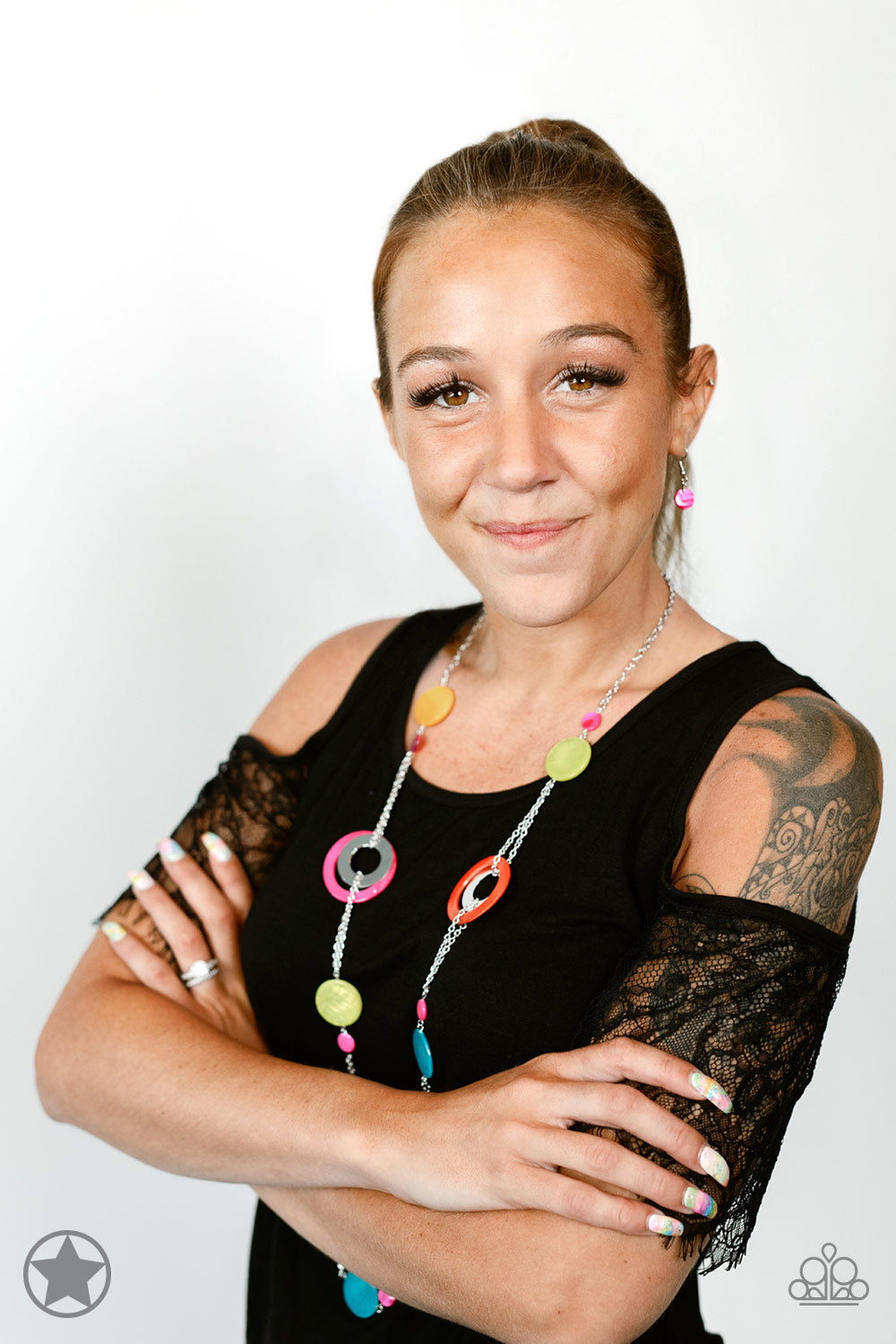 Paparazzi Kaleidoscopically Captivating Multi Long Necklace orange pink blue yellow marble silver hoop chain retro