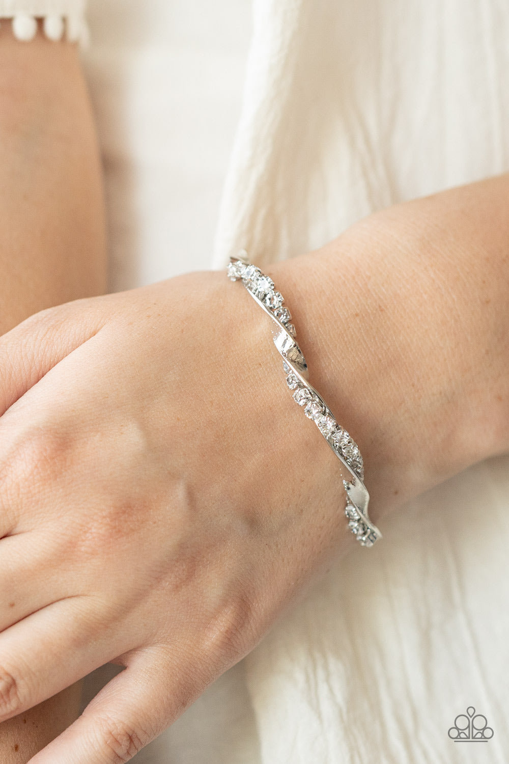 Paparazzi Twisted Twinkle White Cuff Bracelet - P9DA-WTXX-108XX