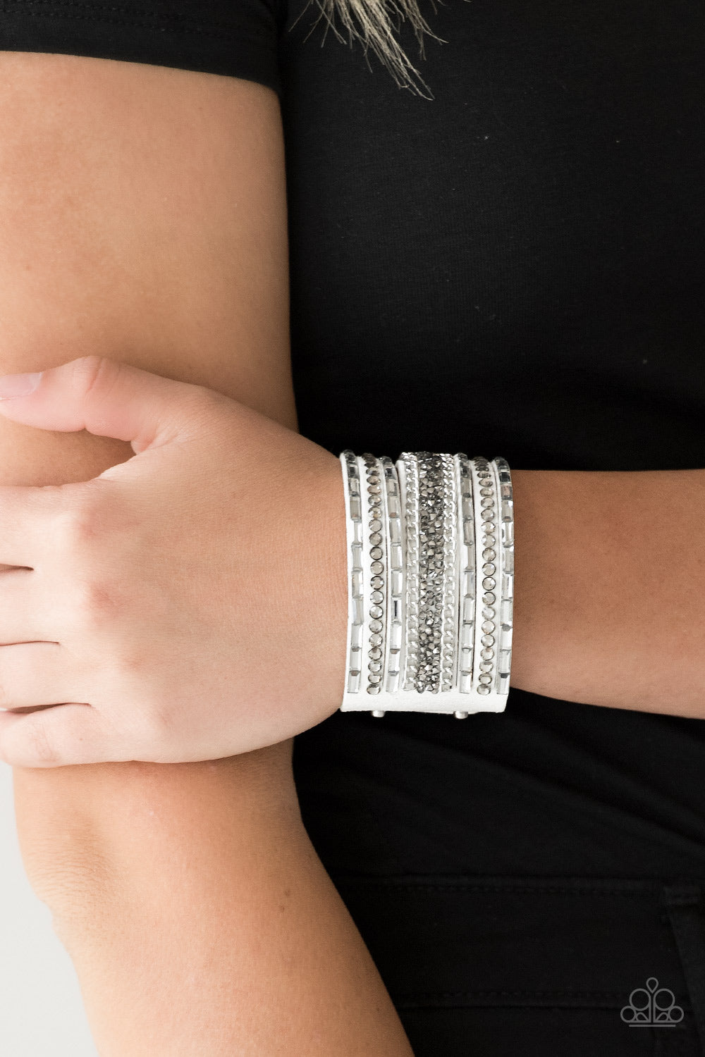 Paparazzi Rhinestone Rumble White Single Wrap Snap Bracelet - P9DI-URWT-069XX
