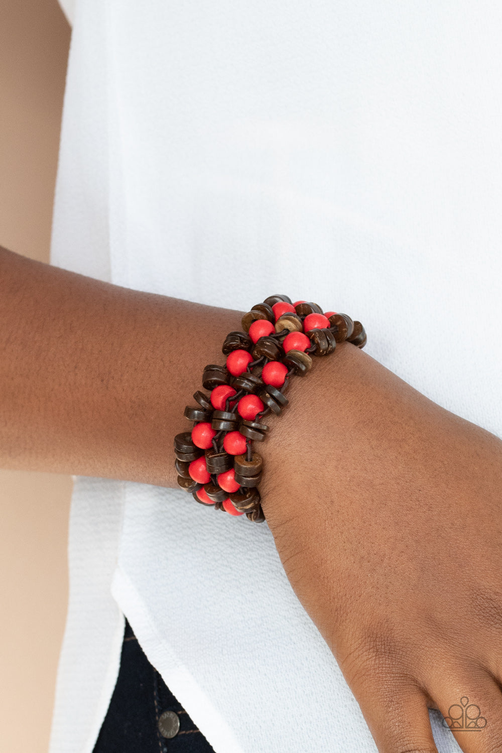 Paparazzi Tahiti Tourist Red Wood Stretch Bracelet