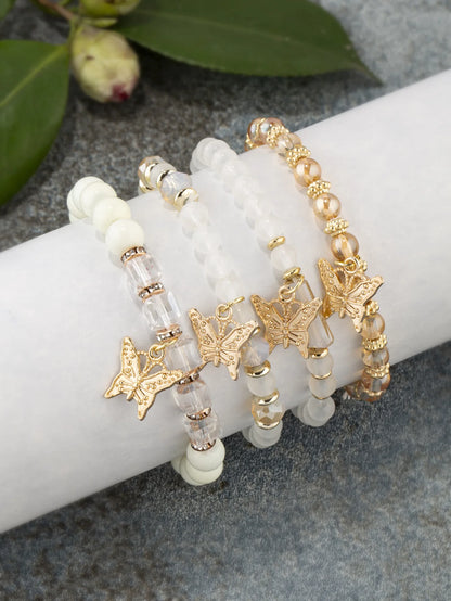 4-Piece Bohemian Butterfly Charm Bracelet Set – Crystal Beads & Stylish Layered Design