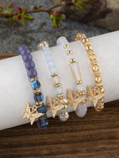 4-Piece Bohemian Butterfly Charm Bracelet Set – Crystal Beads & Stylish Layered Design