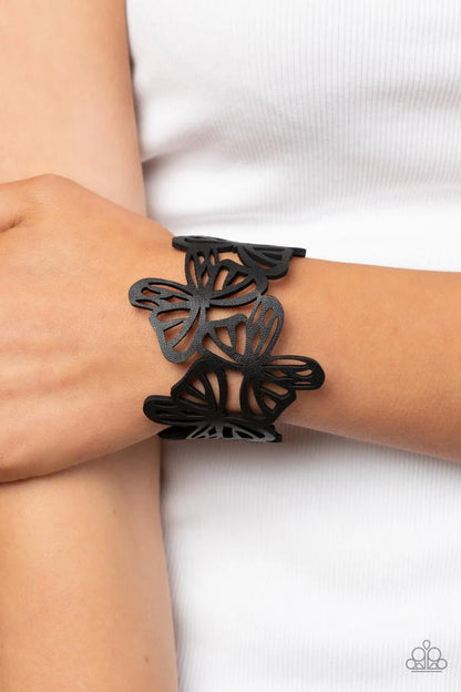 Paparazzi Butterfly Breeze Black Single Wrap Snap Bracelet - P9UR-BKXX-550XX