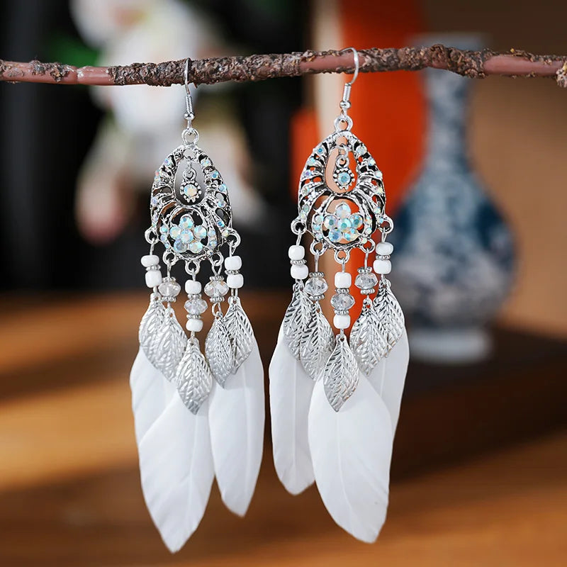 Feathers & Rhinestones Fishhook Earrings