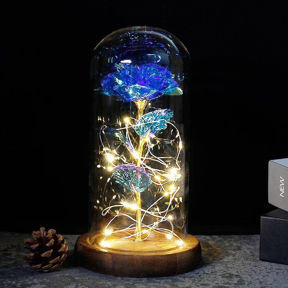 Blue Glass Rose with LED Lights in Glass Dome – Bling Me Baby