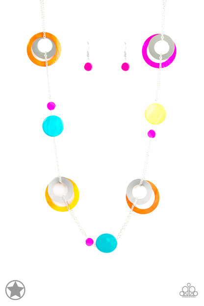Paparazzi Kaleidoscopically Captivating Multi Long Necklace orange pink blue yellow marble silver hoop chain retro