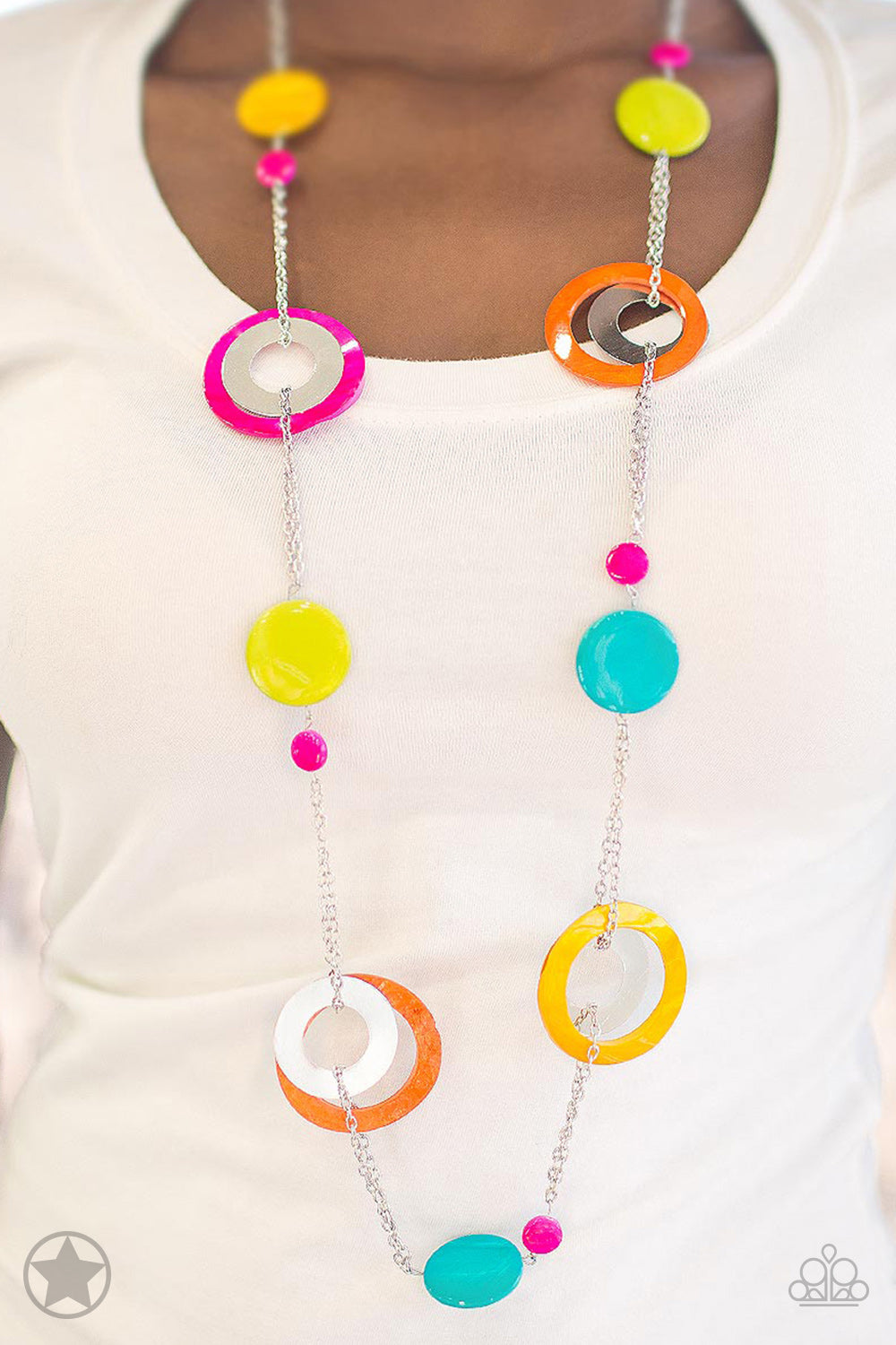 Paparazzi Kaleidoscopically Captivating Multi Long Necklace orange pink blue yellow marble silver hoop chain retro