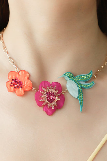 Flower & Bird Rhinestone Decor Necklace