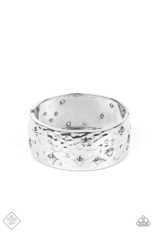 Paparazzi Across the Constellations White Hinge Cuff Bracelet - Fashion Fix Sunset Sightings April 2022 - P9ST-WTXX-023HX