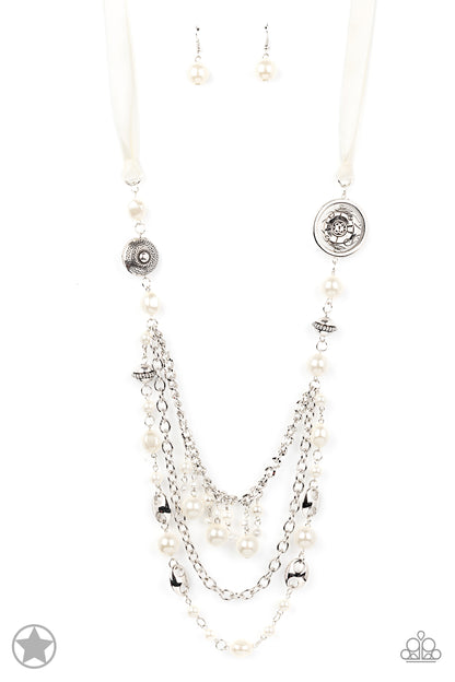 Paparazzi All The Trimmings Ivory / White Ribbon Blockbuster Long Necklace