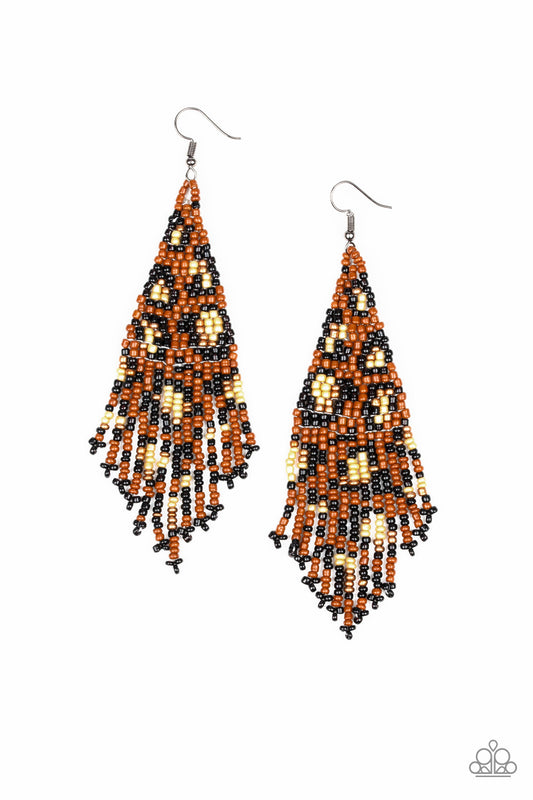 Paparazzi Bodacious Bombshell Brown Cheetah Seed Bead Fishhook Earrings