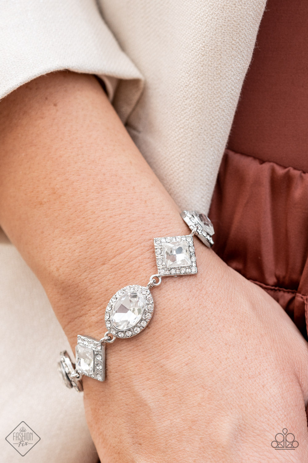 Paparazzi Decade of Dazzle White Clasp Bracelet - Fashion Fix Fiercely 5th Avenue September 2022 - P9RE-WTXX-543JX