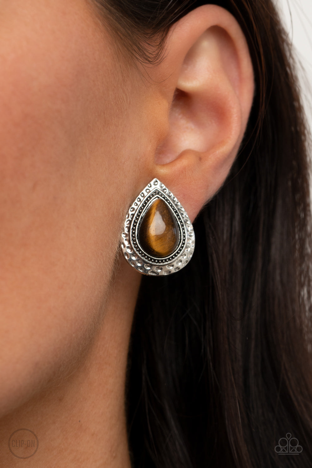 Paparazzi Desert Glow Brown Tiger's Eye Clip-On Earrings