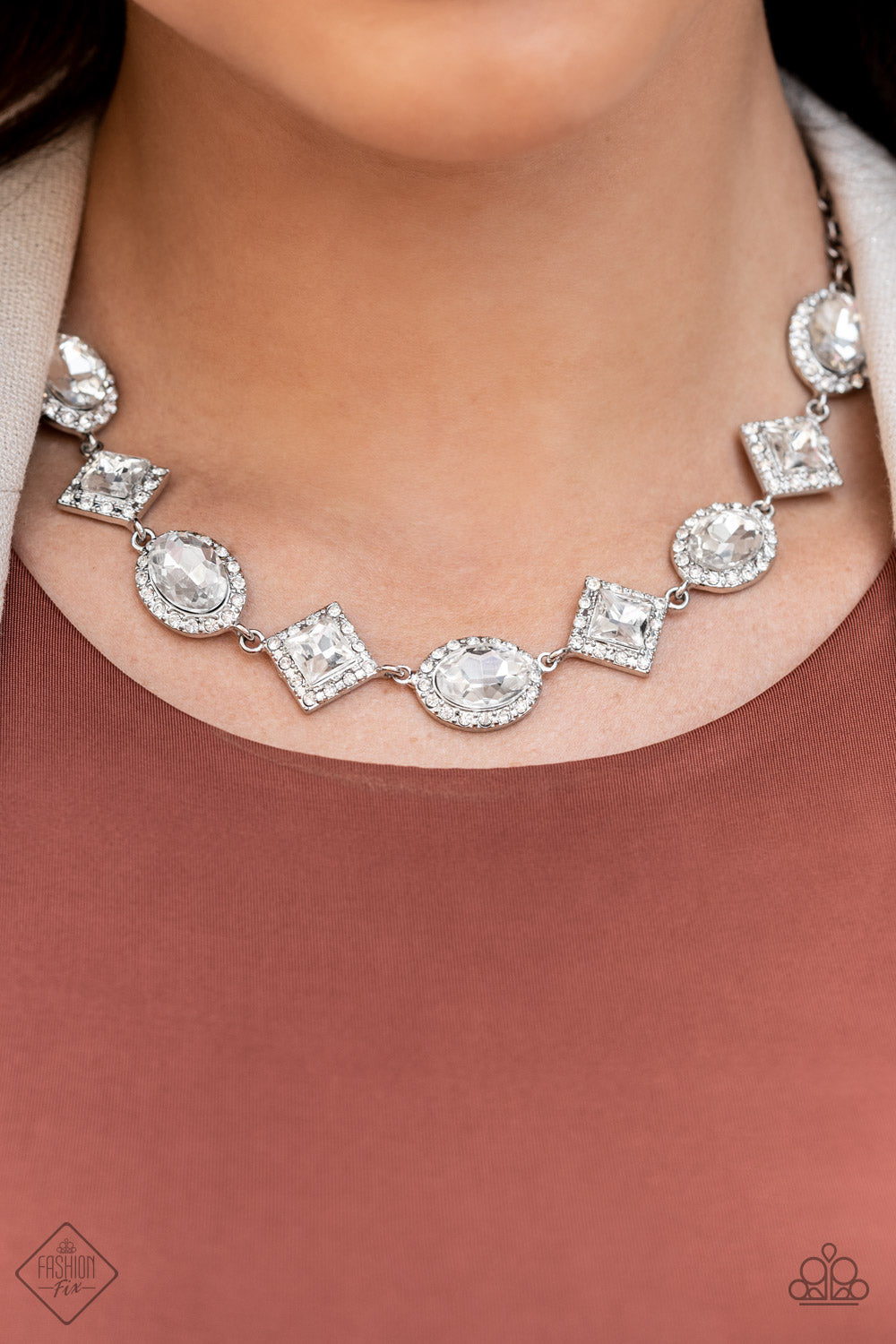 Paparazzi Diamond of the Season White Short Necklace - Fashion Fix Fiercely 5th Avenue September 2022 - P2RE-WTXX-628JX
