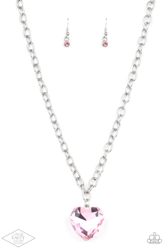 Paparazzi Flirtatiously Flashy Pink Heart Short Necklace - Life Of The Party Exclusive January 2020