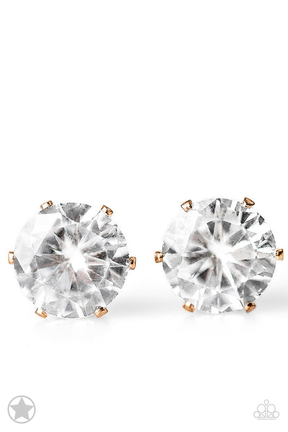 Paparazzi Blockbuster Just In TIMELESS White Rhinestone Gold Post Stud Earrings