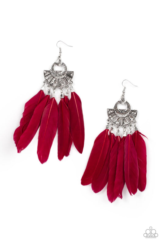 Paparazzi Plume Paradise Red Fishhook Earrings - P5SE-RDXX-188XX