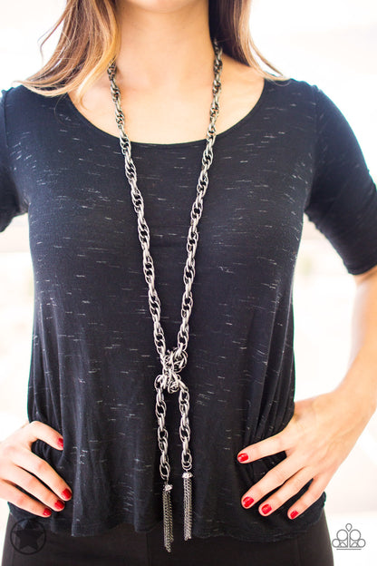Paparazzi SCARFed For Attention Blockbuster Gunmetal Black Necklace long rope scarf wrap