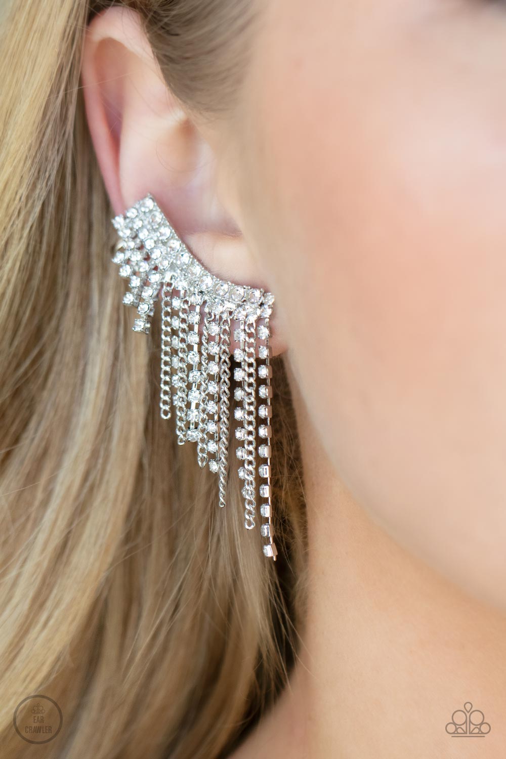 Paparazzi Thunderstruck Sparkle White Ear Crawler Earrings - P5PO-CRWT-298XX