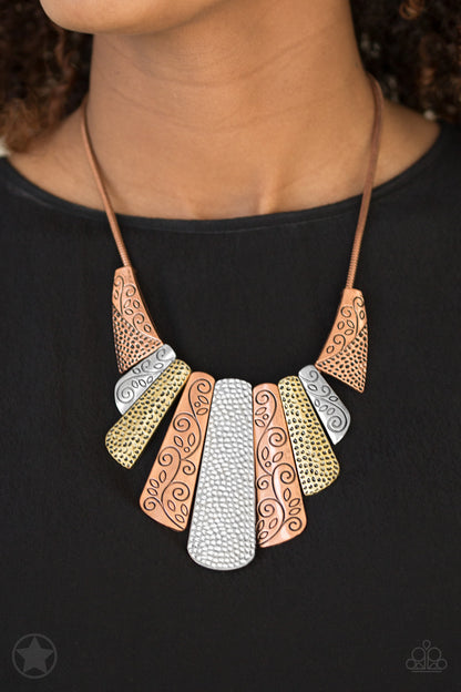 Paparazzi Untamed Blockbuster short copper silver brass statement necklace hammered filigree texture snake chain tribal