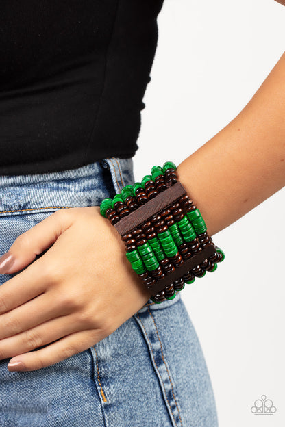 Paparazzi Vacay Vogue Green Wood Stretch Bracelet - P9SE-GRXX-155XX