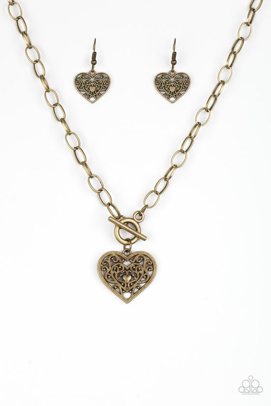 Paparazzi Victorian Romance Brass Heart Short Toggle Necklace