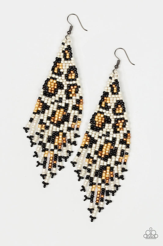 Paparazzi Bodacious Bombshell White Cheetah Seed Bead Fishhook Earrings