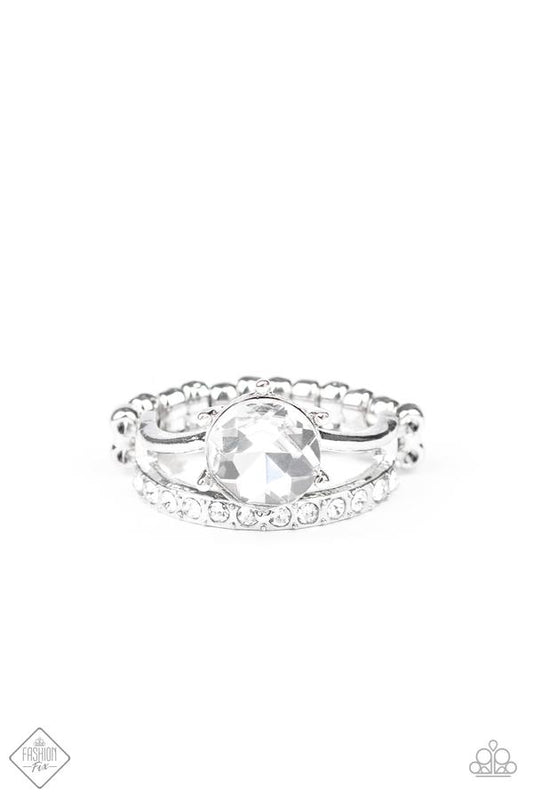 Paparazzi Center Stage Shimmer White Ring - Fashion Fix Fiercely 5th Avenue March 2020