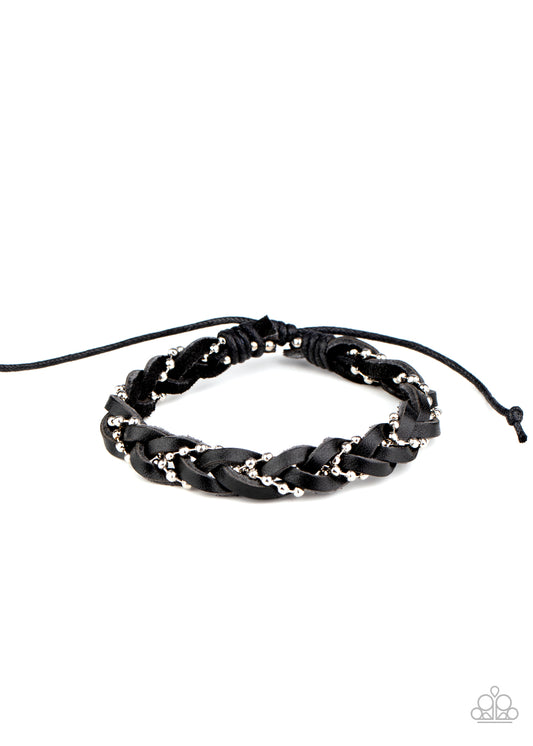 Paparazzi Cowboy Couture Black Bracelet sliding knot silver chain leather