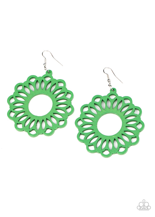 Paparazzi Dominican Daisy Green Wood Fishhook Earrings