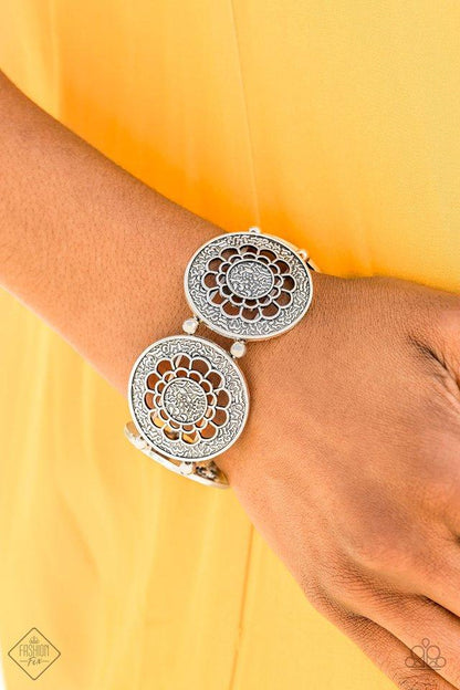 Paparazzi Marigold Medallions Silver Stretch Bracelet - Fashion Fix Glimpses Of Malibu September 2019