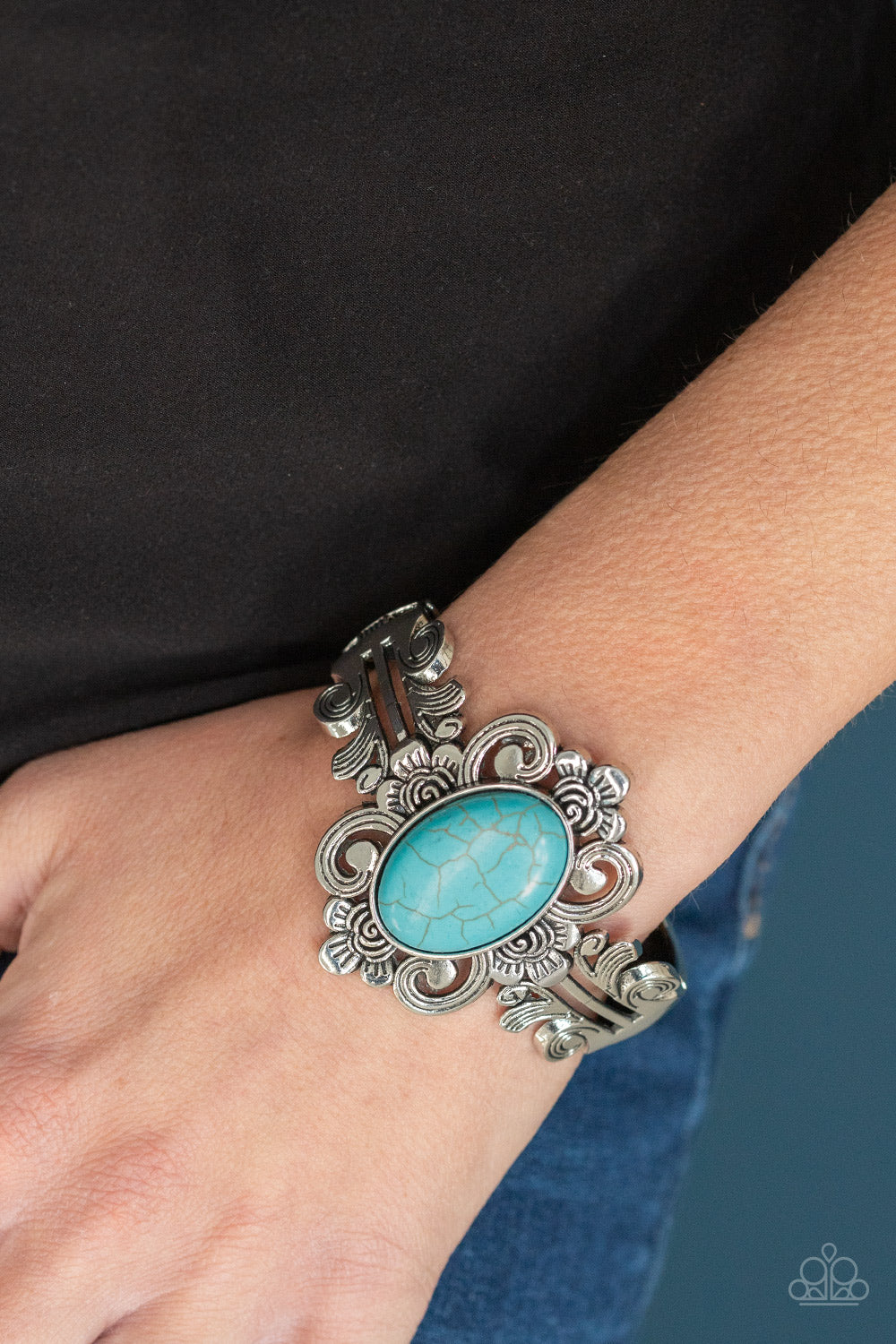 Paparazzi Mojave Mystic Blue Stone Hinged Cuff Bracelet - Life Of The Party June 2020