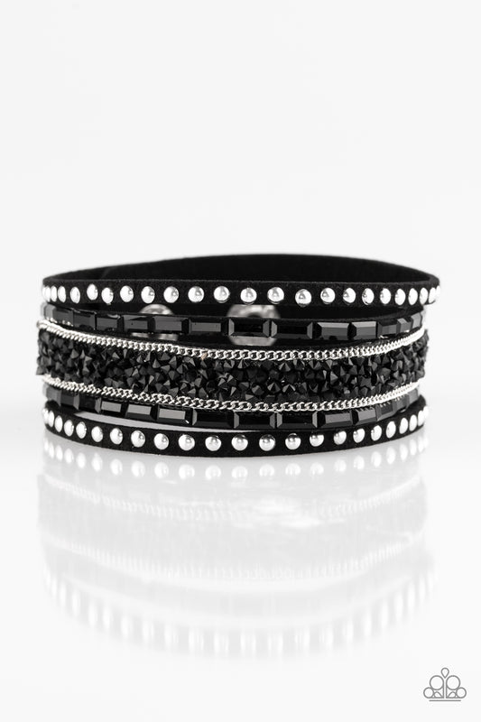 Paparazzi Rhinestone Rocker Black Single Wrap Snap Bracelet