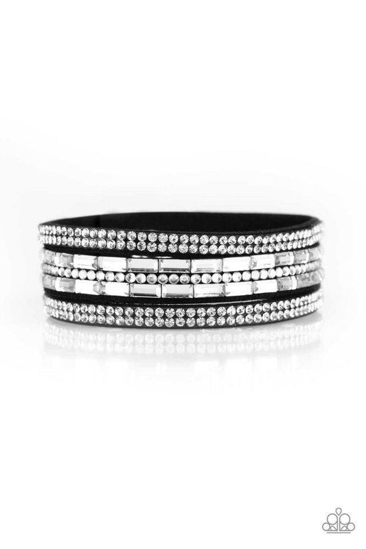 Paparazzi Rhinestone Rock Star Black Single Wrap Snap Bracelet - P9DI-URBK-062XX