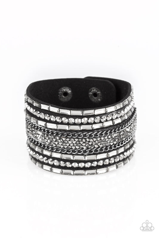 Paparazzi Rhinestone Rumble Black Single Wrap Snap Bracelet - P9DI-URBK-168XX