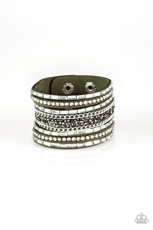 Paparazzi Rhinestone Rumble Green Single Wrap Snap Bracelet - P9DI-URGR-050XX