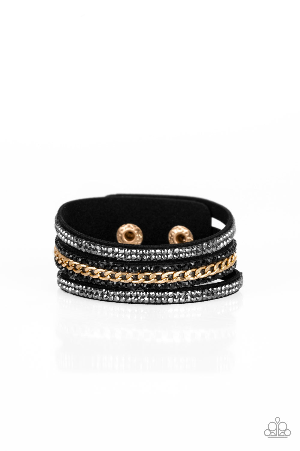 Paparazzi Rollin' In Rhinestones Black Single Wrap Snap Bracelet - P9DI-BKGD-176XX