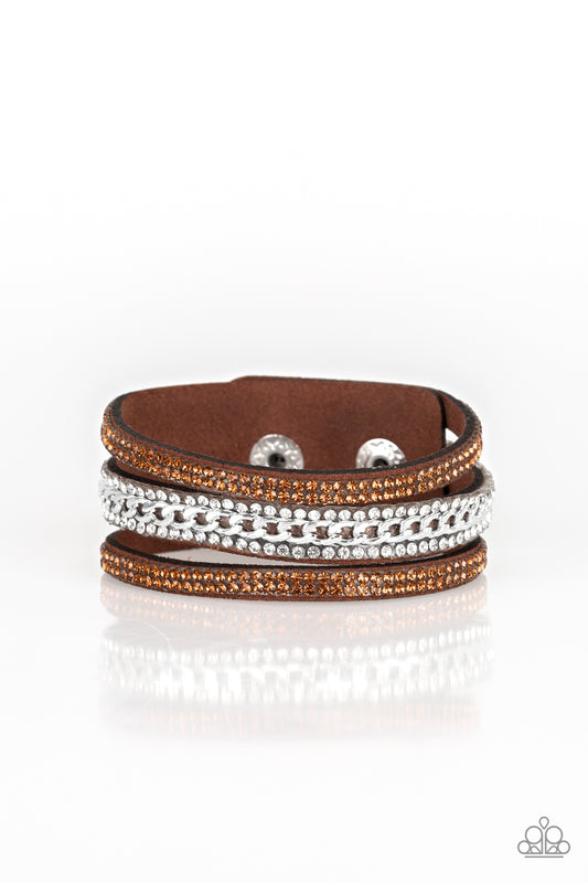 Paparazzi Rollin' In Rhinestones Brown Single Wrap Snap Bracelet - P9DI-URBN-071XX